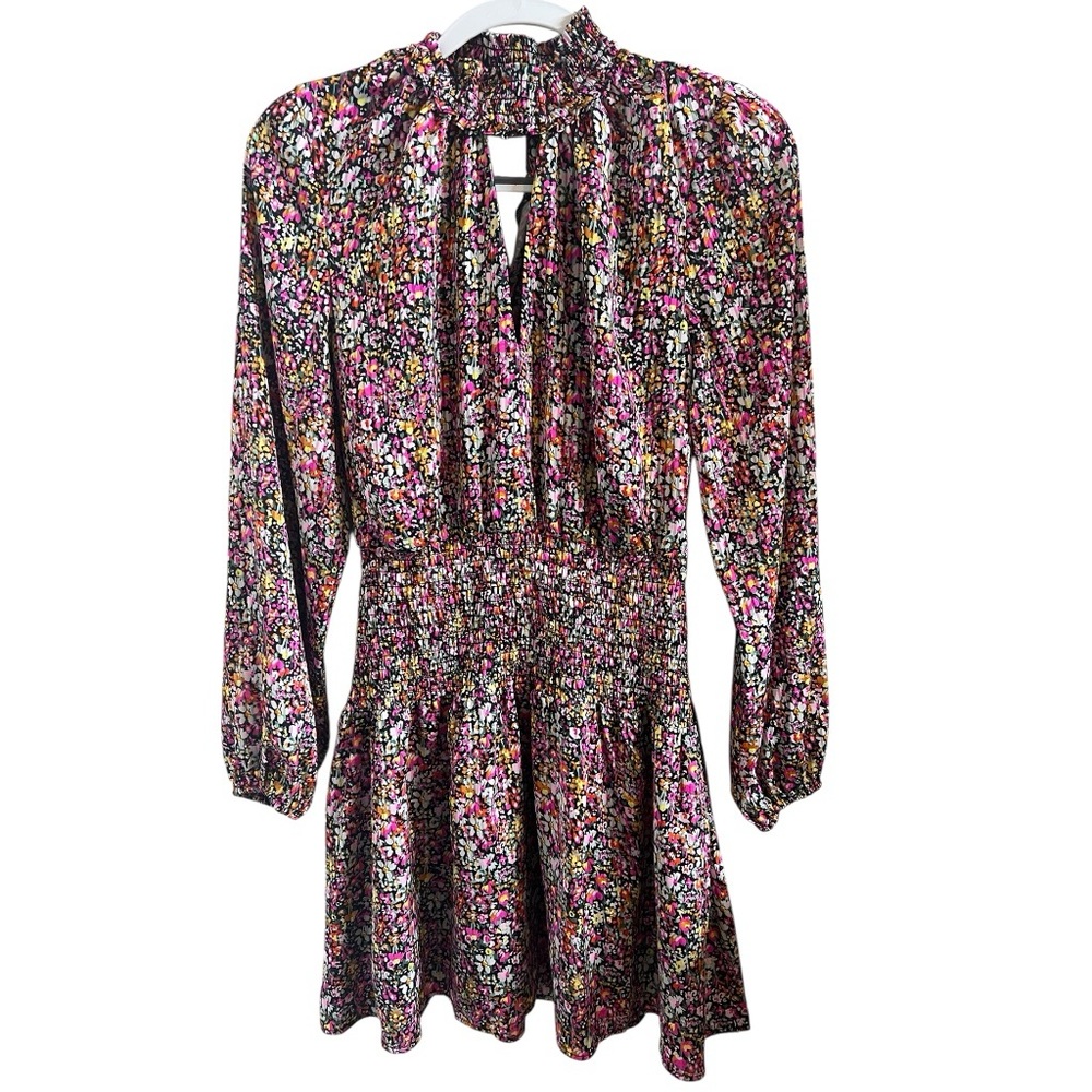 *NWOT* Steve Madden Multicolor Silk Ruched Mini Dress w/ High Neck Keyhole (M)